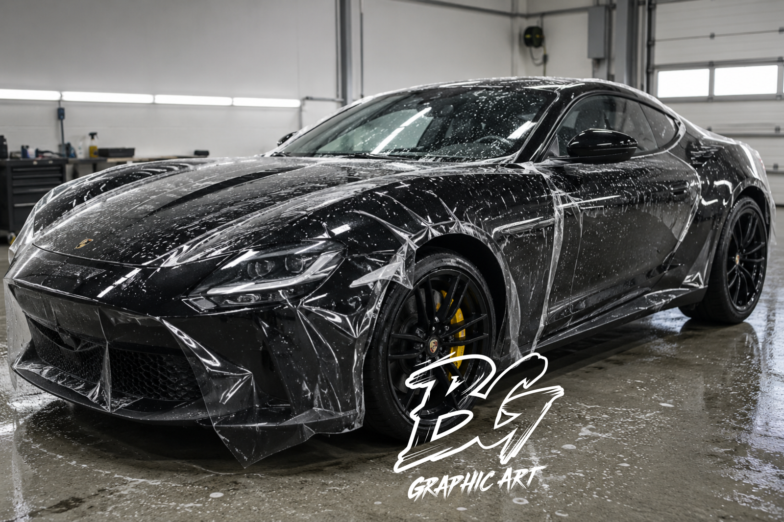 Paint protection film being applied to the front of a sports car